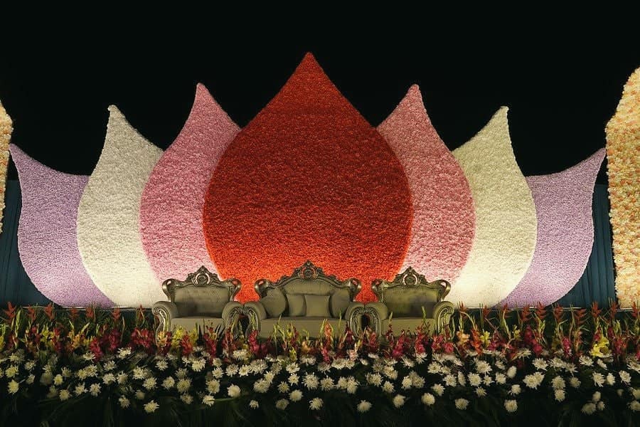 Close view of a lotus-shaped stage made of thousands of flowers